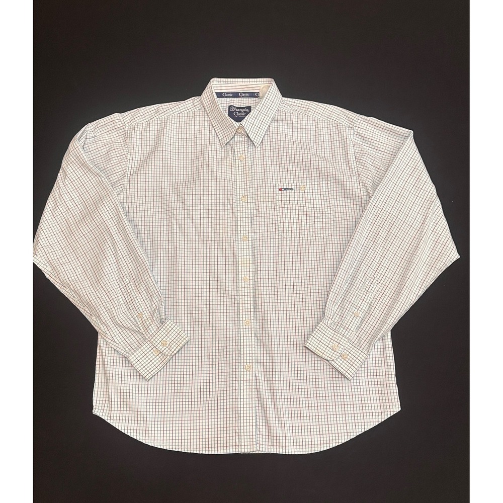 Wrangler Classic Mens Long Sleeve Button Down Grid Print Shirt White Blue XL